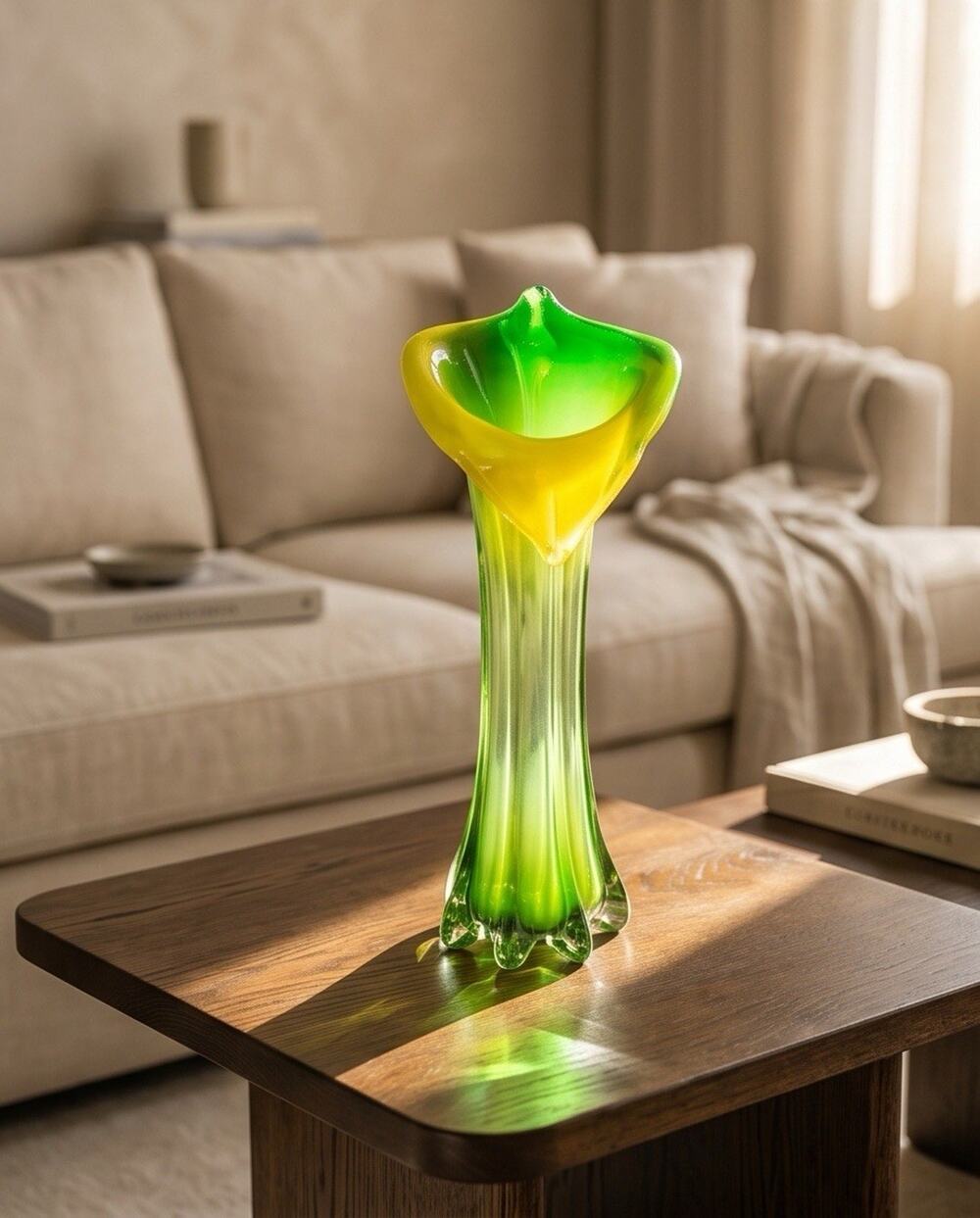 Pier 1 Imports Yellow Green White Hand Blown Glass Tulip Vase 11.75"